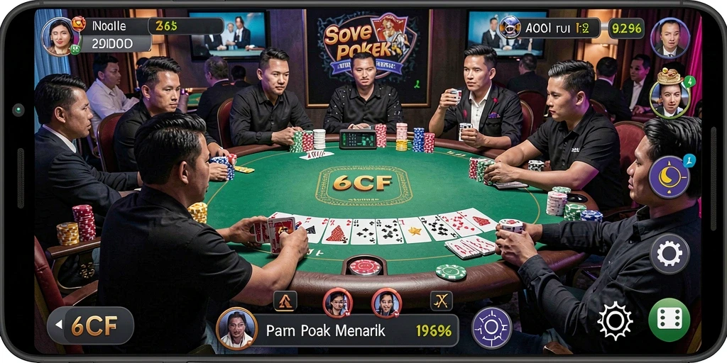 Tampilan antarmuka 6CF dengan gameplay poker yang menarik.