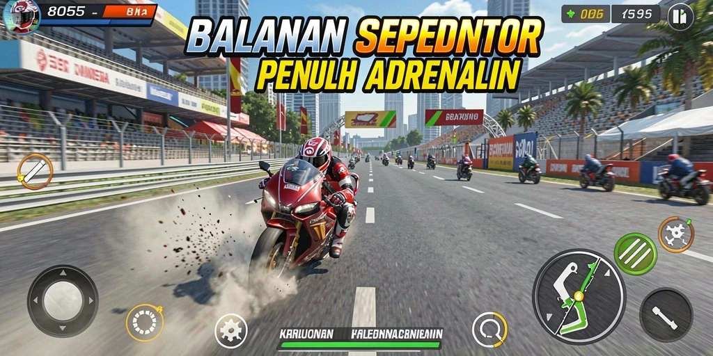Tampilan aksi balapan sepeda motor di game 8055.