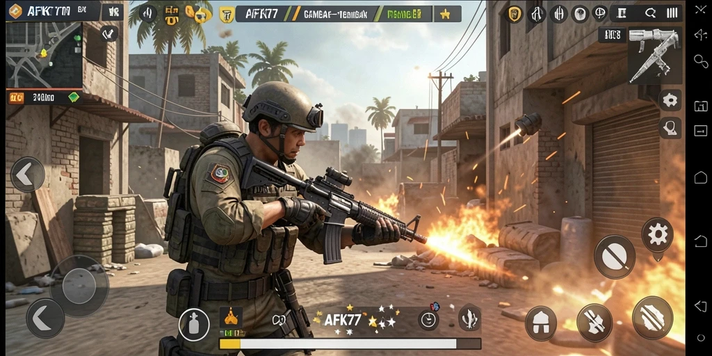 Tampilan menarik dari gameplay AFK77 dengan aksi tembak-menembak.