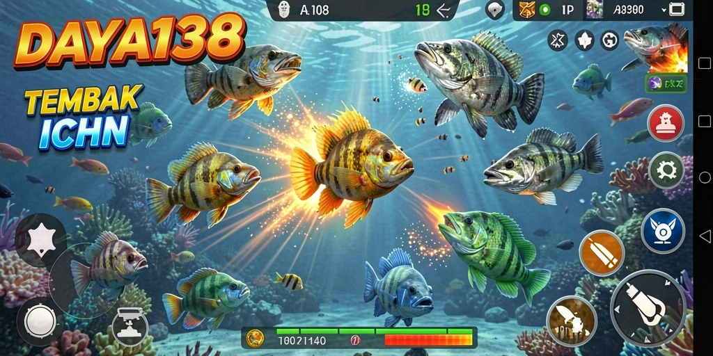 Tampilan screenshot menunjukkan aksi menembak ikan yang seru.