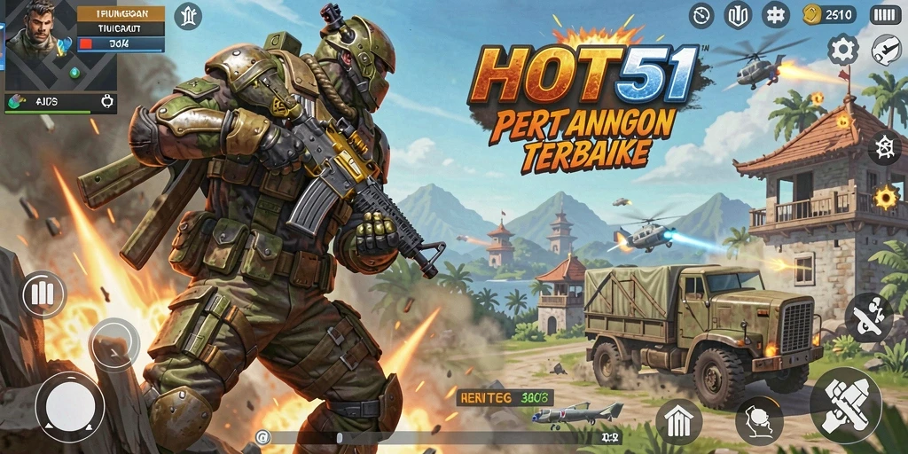 Tangkapan layar HOT51 menampilkan aksi pertempuran Battle Royale yang intens.