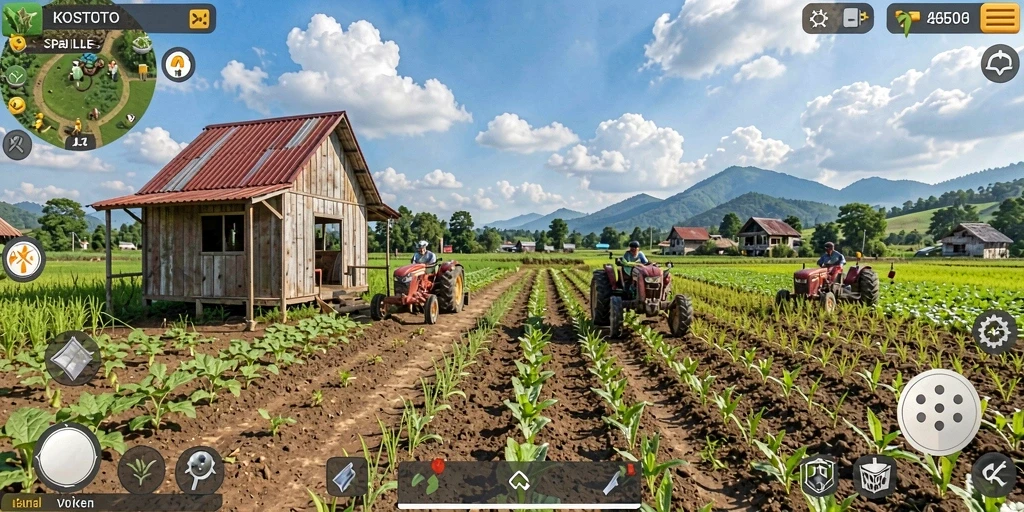 Screenshot gameplay KOSTOTO yang menampilkan aktivitas bertani.