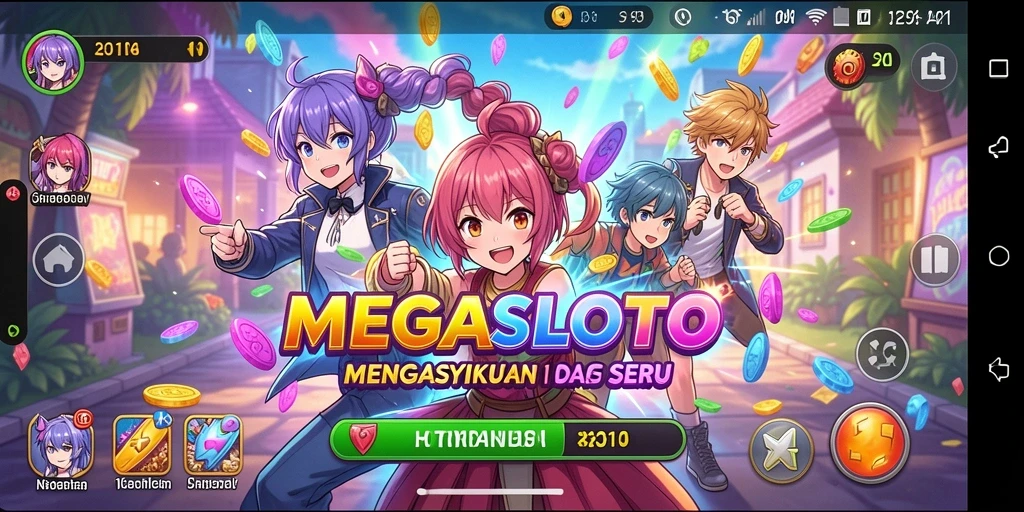 Tampilan gameplay <strong>MEGASLOTO</strong> yang penuh warna dan karakter anime yang mengesankan.