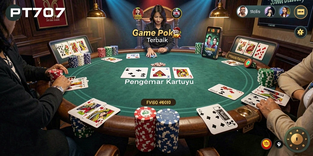 Screenshot gameplay PT707 menampilkan aksi Poker yang mendebarkan.
