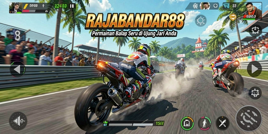 Tampilan aksi mendebarkan dari gameplay RAJABANDAR88 saat mobil balap melaju kencang di trek.