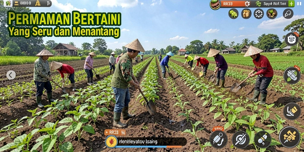 Screenshot gameplay RR33 menampilkan suasana pertanian yang indah dan interaktif.