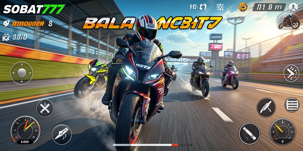 Screenshot gameplay SOBAT777 yang menampilkan aksi balap motor yang seru.